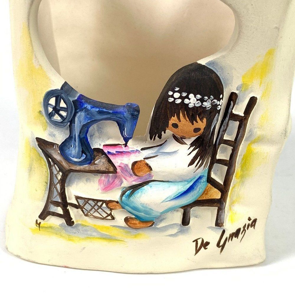 Candle Holder Luminaria De Grazia Girl Sewing Seamstress Bag Vase 4.25" Degrazia - Picture 2 of 7